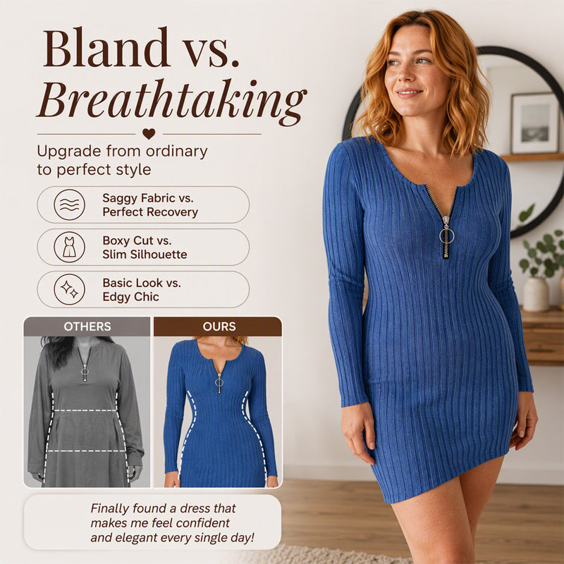 🍂 Women's Front Zipper Ribbed Knit Dress – Flattering Comfort Meets Effortless Autumn Style
