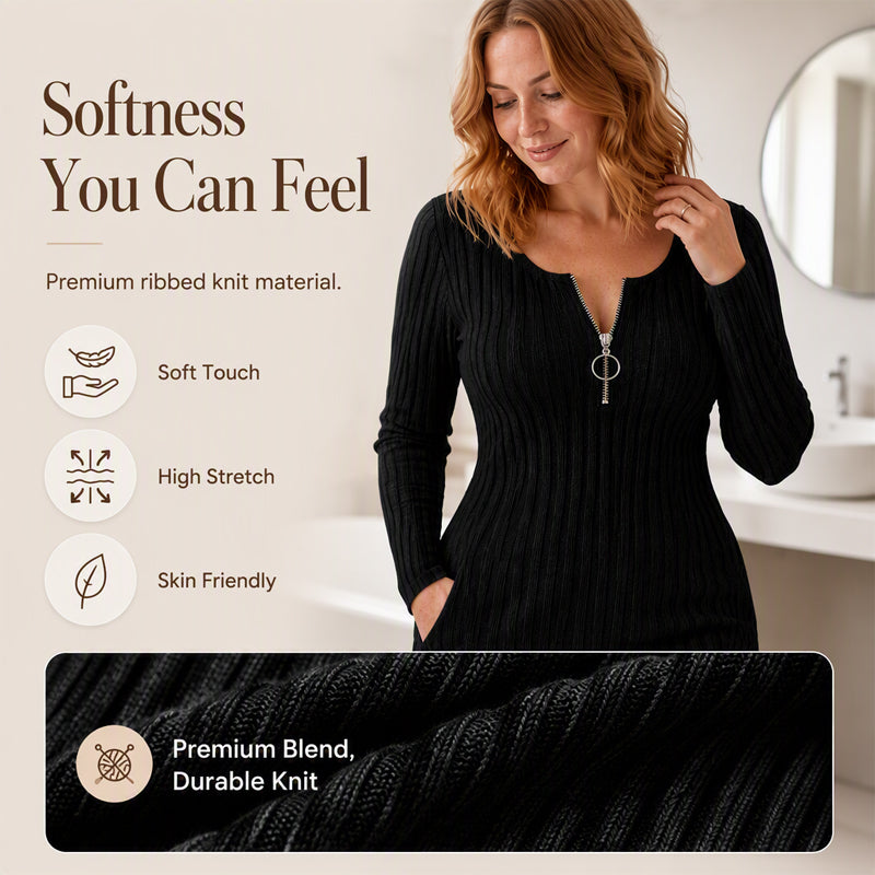 🍂 Women's Front Zipper Ribbed Knit Dress – Flattering Comfort Meets Effortless Autumn Style