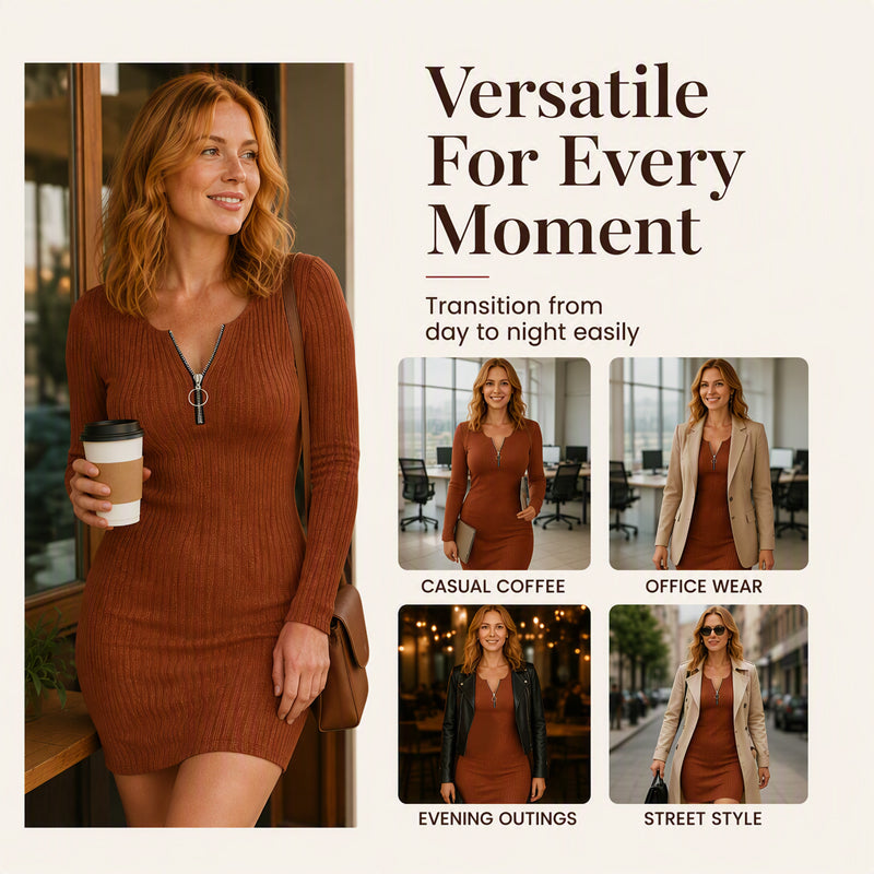 🍂 Women's Front Zipper Ribbed Knit Dress – Flattering Comfort Meets Effortless Autumn Style