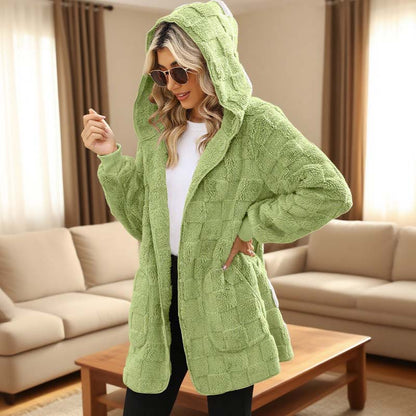 🌸 55% OFF NOW!Hooded Fluffy Fleece Cardigan, Textured Check Pattern Open Front Coat with Pockets