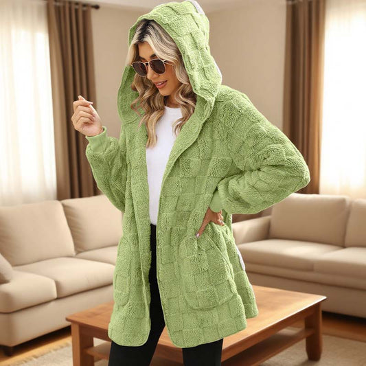 🌸 55% OFF NOW!Hooded Fluffy Fleece Cardigan, Textured Check Pattern Open Front Coat with Pockets