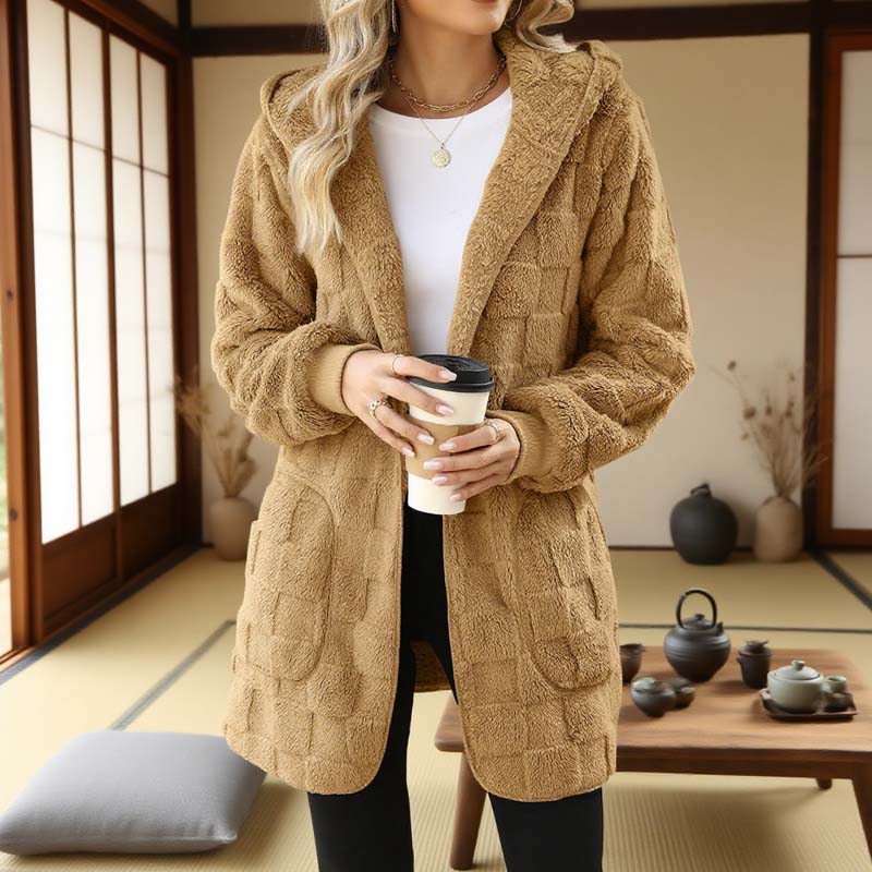 🌸 55% OFF NOW!Hooded Fluffy Fleece Cardigan, Textured Check Pattern Open Front Coat with Pockets