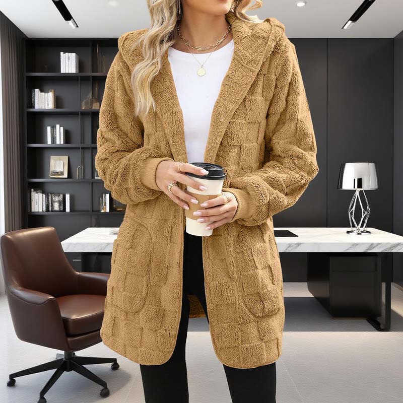 🌸 55% OFF NOW!Hooded Fluffy Fleece Cardigan, Textured Check Pattern Open Front Coat with Pockets