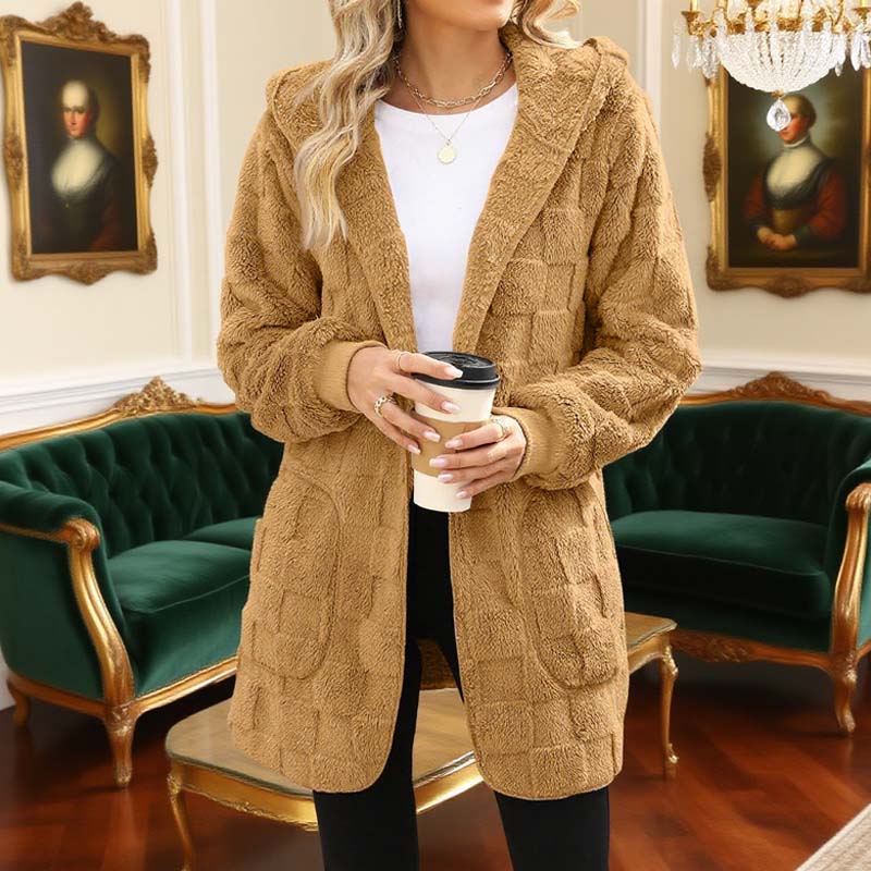 🌸 55% OFF NOW!Hooded Fluffy Fleece Cardigan, Textured Check Pattern Open Front Coat with Pockets