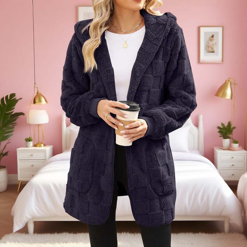 🌸 55% OFF NOW!Hooded Fluffy Fleece Cardigan, Textured Check Pattern Open Front Coat with Pockets
