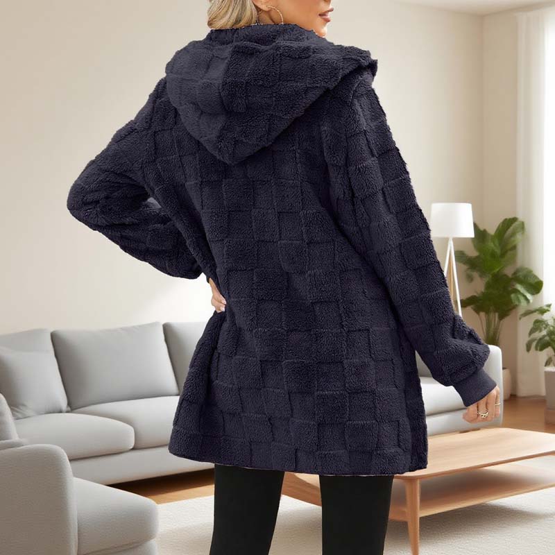 🌸 55% OFF NOW!Hooded Fluffy Fleece Cardigan, Textured Check Pattern Open Front Coat with Pockets