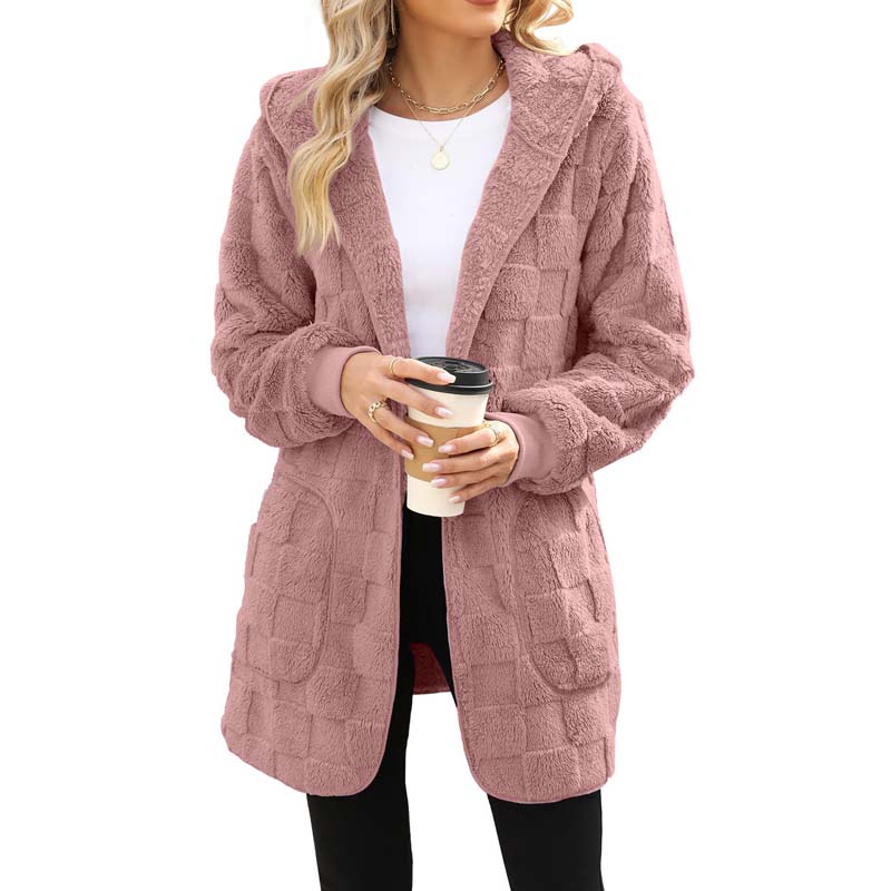 🌸 55% OFF NOW!Hooded Fluffy Fleece Cardigan, Textured Check Pattern Open Front Coat with Pockets