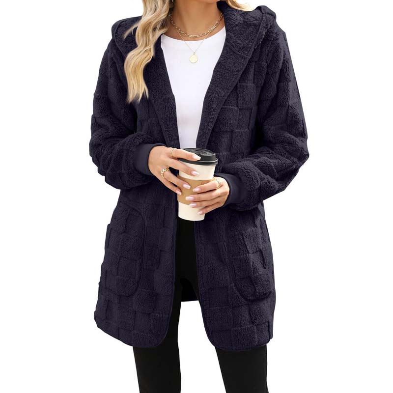 🌸 55% OFF NOW!Hooded Fluffy Fleece Cardigan, Textured Check Pattern Open Front Coat with Pockets