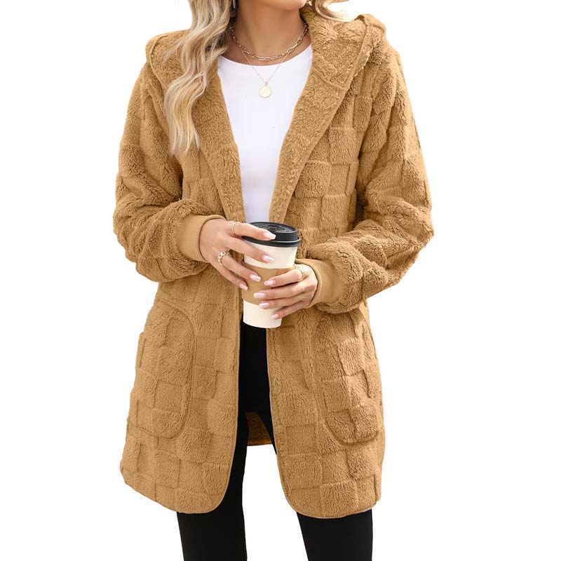 🌸 55% OFF NOW!Hooded Fluffy Fleece Cardigan, Textured Check Pattern Open Front Coat with Pockets
