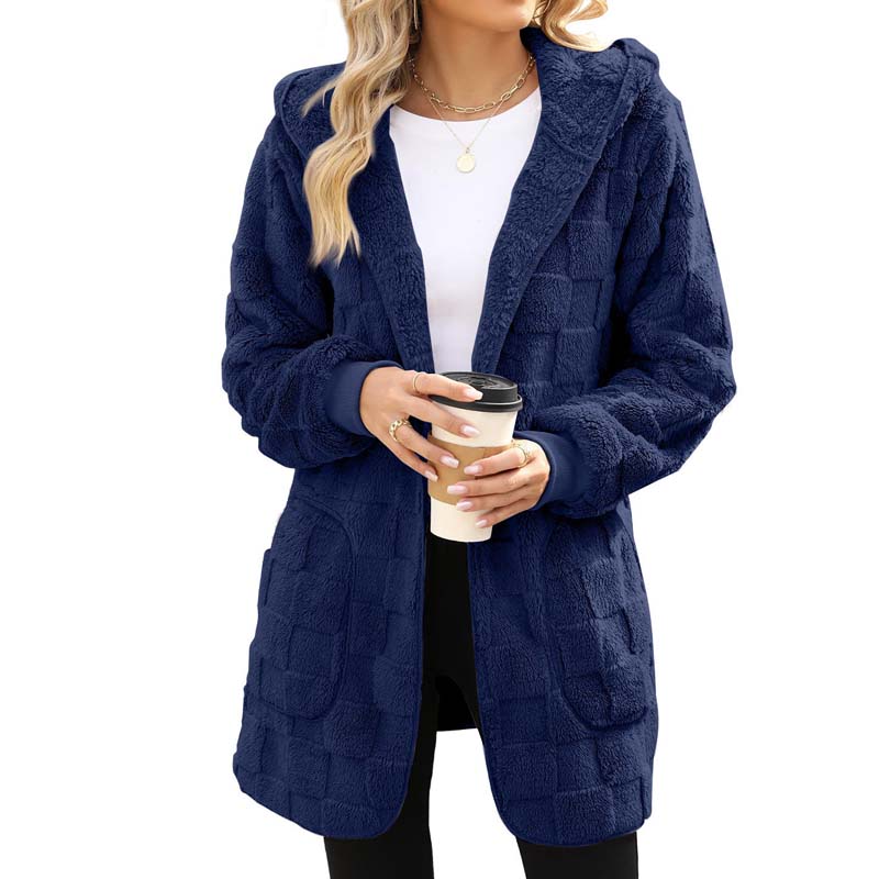 🌸 55% OFF NOW!Hooded Fluffy Fleece Cardigan, Textured Check Pattern Open Front Coat with Pockets
