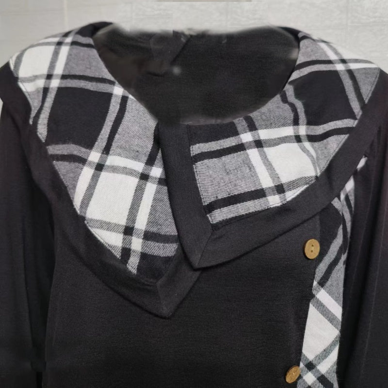 Plaid Patchwork Asymmetrical Neck Long Sleeve Dress