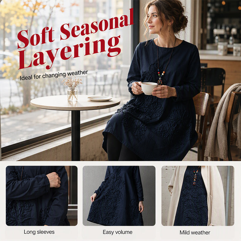 Women's Casual Long Sleeve Round Neck A-Line Dress