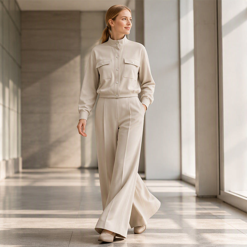 ✨ Effortless Everyday Style | Women's Stand-Collar Jacket & Wide-Leg Pants 2-Piece Set