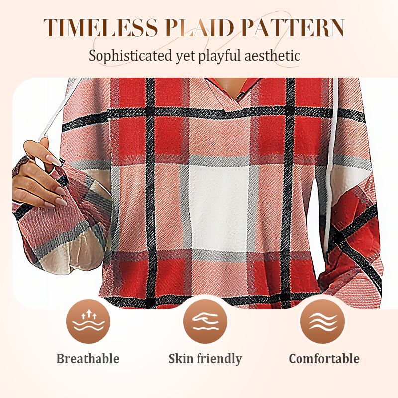 ✨👚Women's Plaid Hooded Long Sleeve Drawstring V Neck Shirts
