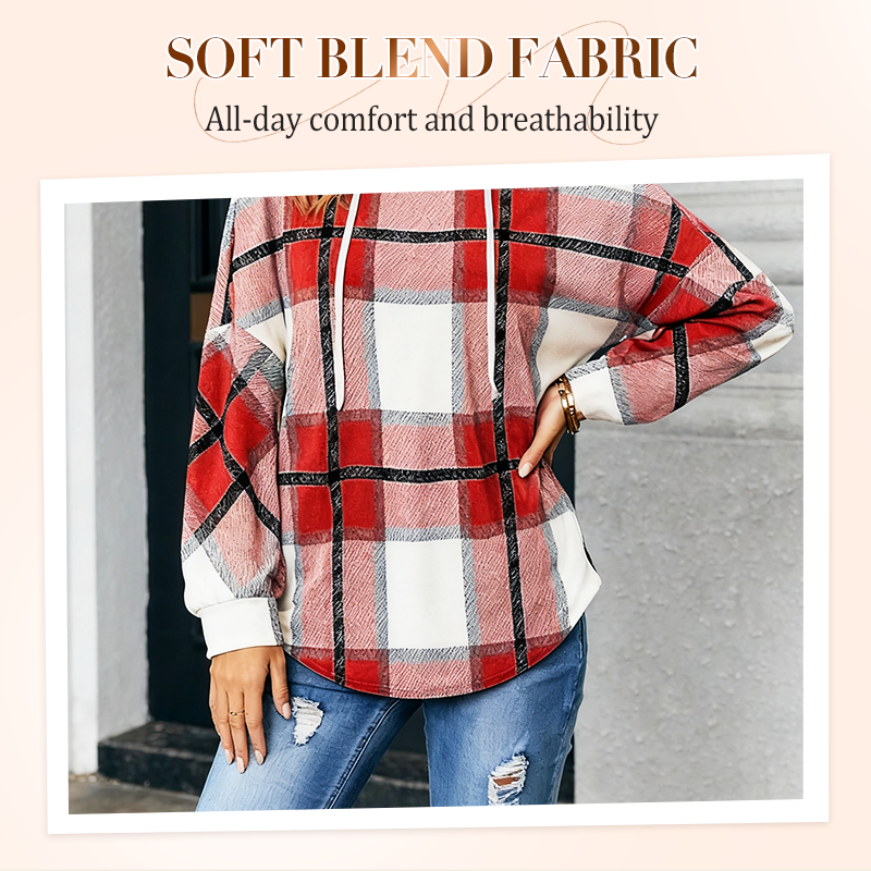 ✨👚Women's Plaid Hooded Long Sleeve Drawstring V Neck Shirts