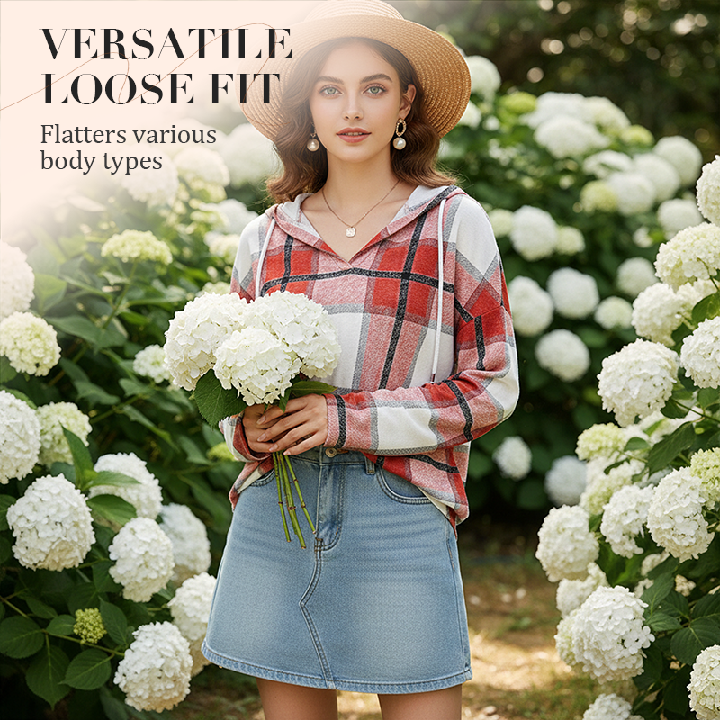 ✨👚Women's Plaid Hooded Long Sleeve Drawstring V Neck Shirts