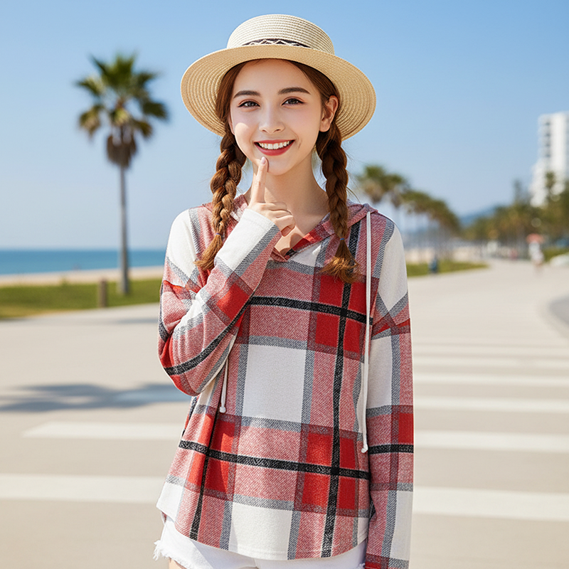 ✨👚Women's Plaid Hooded Long Sleeve Drawstring V Neck Shirts