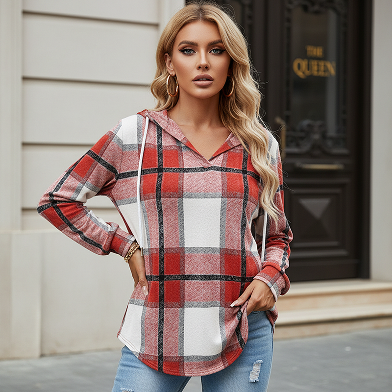 ✨👚Women's Plaid Hooded Long Sleeve Drawstring V Neck Shirts