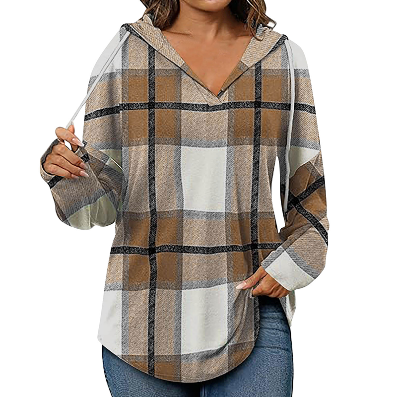 ✨👚Women's Plaid Hooded Long Sleeve Drawstring V Neck Shirts
