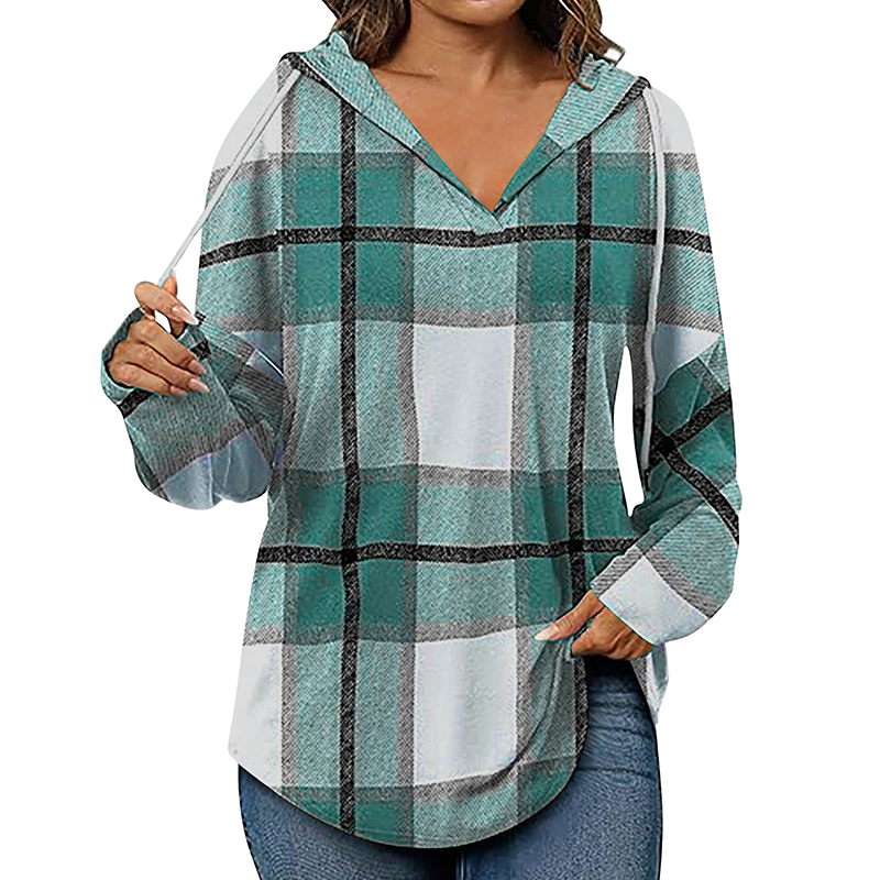 ✨👚Women's Plaid Hooded Long Sleeve Drawstring V Neck Shirts