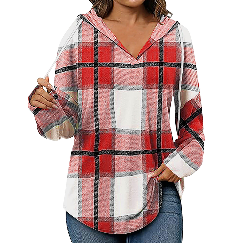 ✨👚Women's Plaid Hooded Long Sleeve Drawstring V Neck Shirts