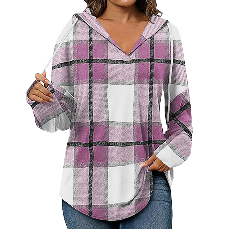 ✨👚Women's Plaid Hooded Long Sleeve Drawstring V Neck Shirts