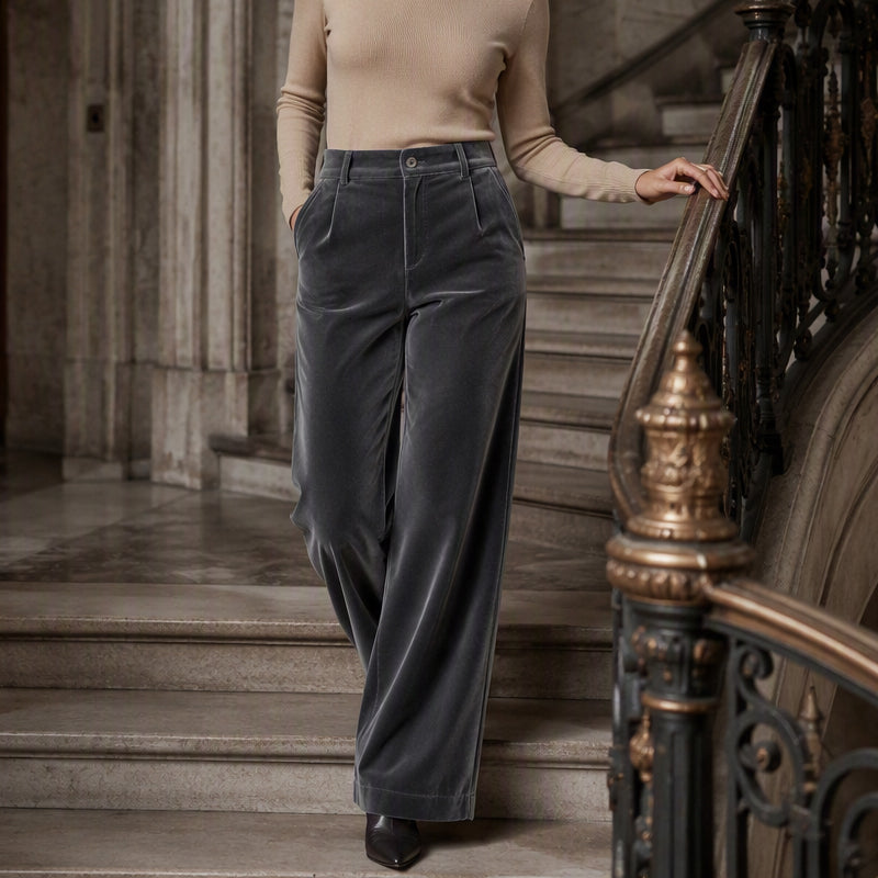 💎 Elevated Texture | Women's Velvet High-Waist Wide-Leg Trousers