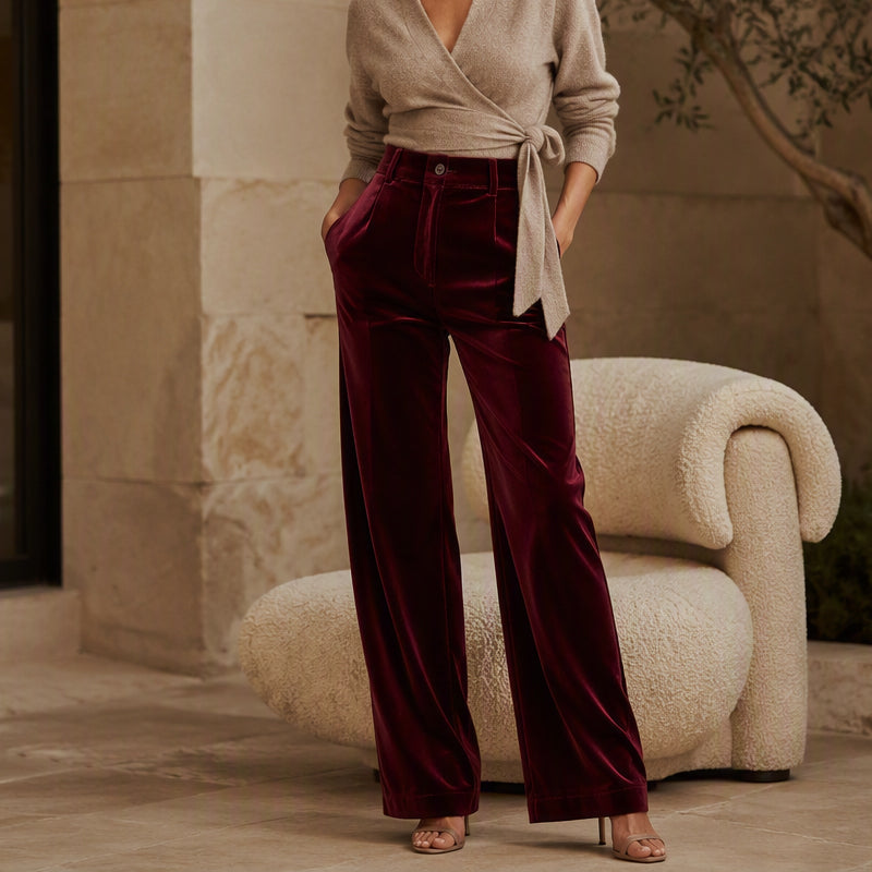 💎 Elevated Texture | Women's Velvet High-Waist Wide-Leg Trousers