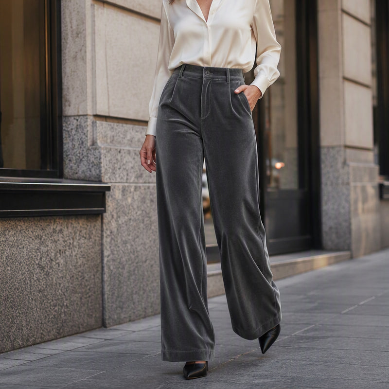 💎 Elevated Texture | Women's Velvet High-Waist Wide-Leg Trousers