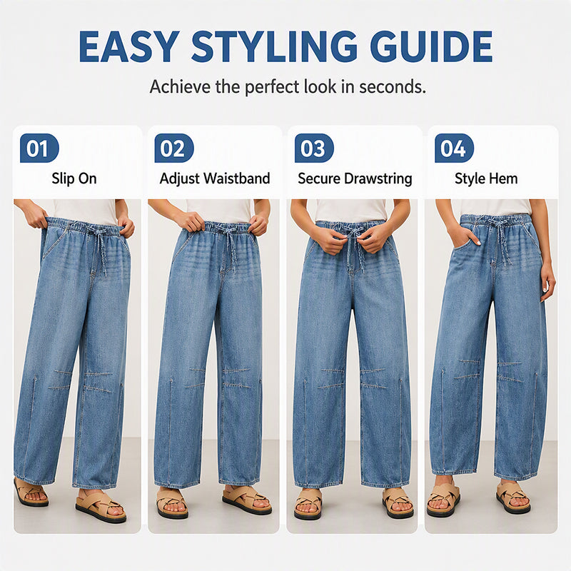 👖 Pull On & Go | Women's Elastic-Waist Relaxed Wide-Leg Jeans