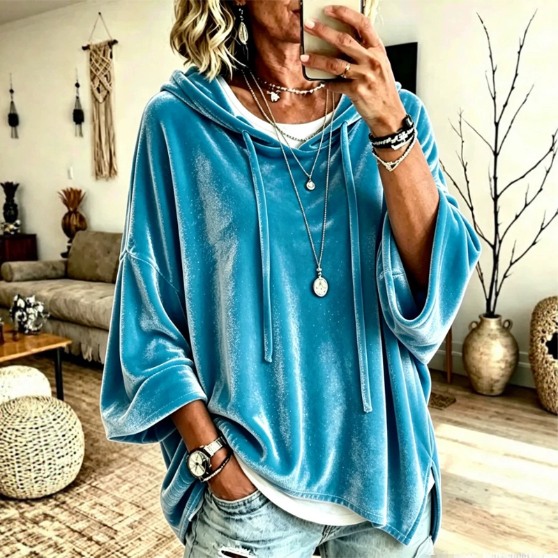 👚✨Women's Loose-Fit Velvet Drawstring Pullover Sweatshirt