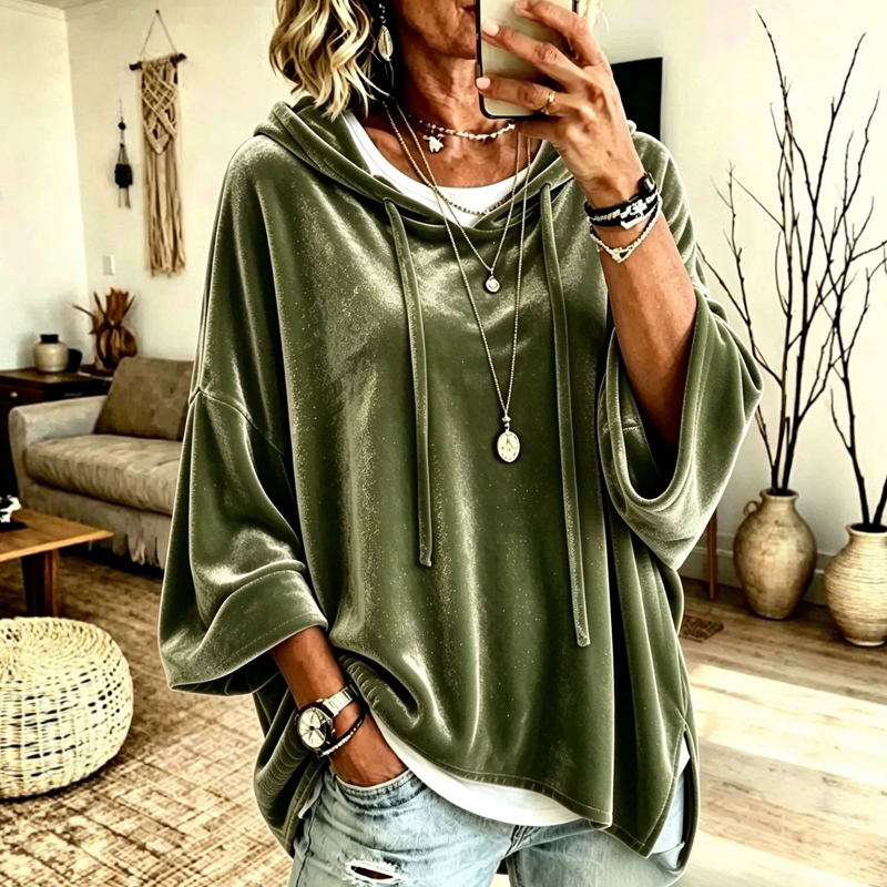 👚✨Women's Loose-Fit Velvet Drawstring Pullover Sweatshirt