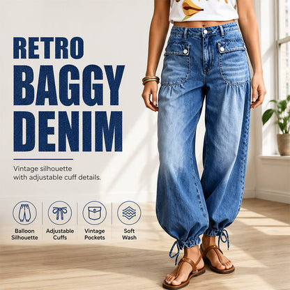 Women's High-Waisted Balloon Jeans with Drawstring Cuffs
