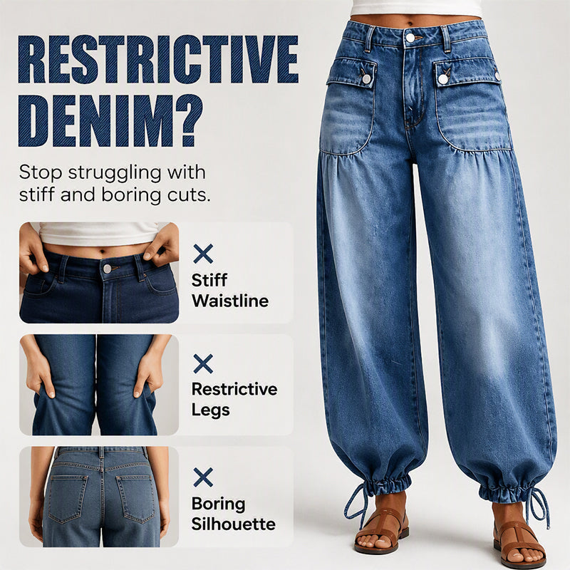 Women's High-Waisted Balloon Jeans with Drawstring Cuffs