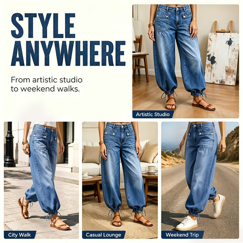 Women's High-Waisted Balloon Jeans with Drawstring Cuffs