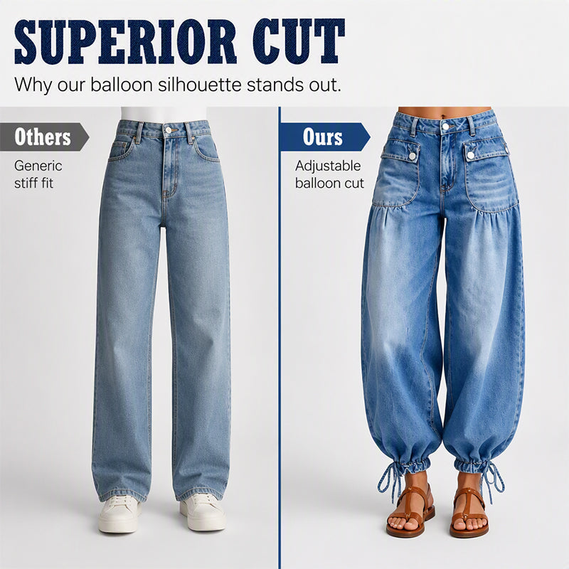 Women's High-Waisted Balloon Jeans with Drawstring Cuffs