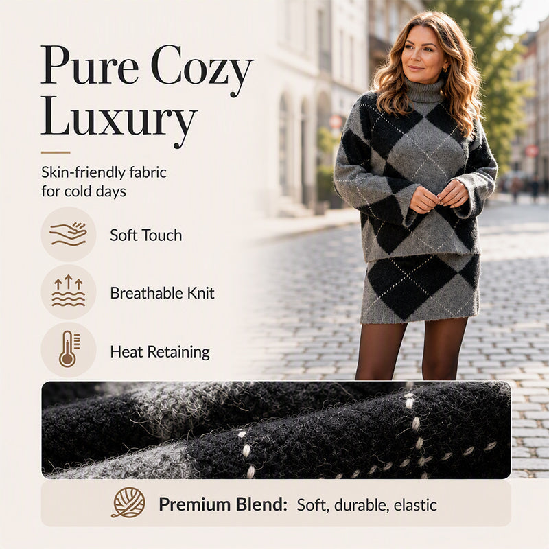 ⏳LAST DAY SALE ONLY ￡25.99!!🍂✨ Women's Argyle Knit Sweater & Skirt Set – Elegant, Cosy & Effortlessly Chic