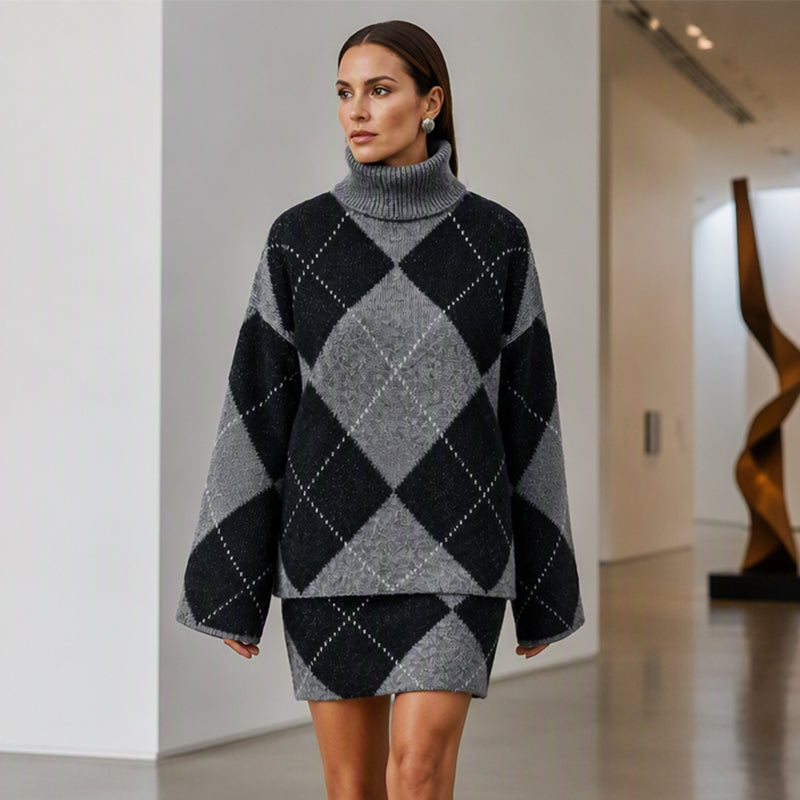 ⏳LAST DAY SALE ONLY ￡25.99!!🍂✨ Women's Argyle Knit Sweater & Skirt Set – Elegant, Cosy & Effortlessly Chic