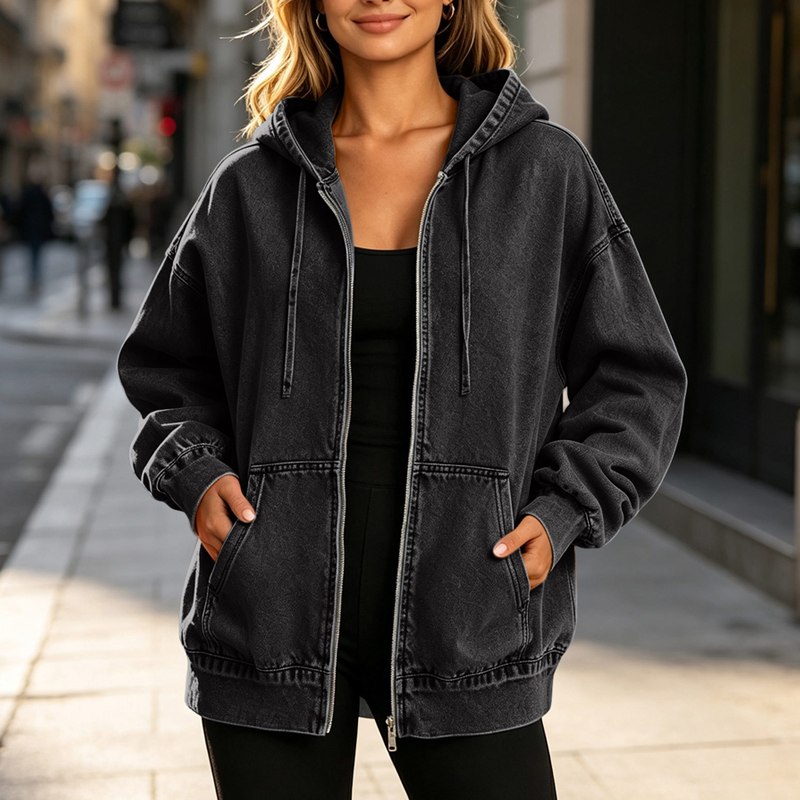 ✨ Denim Comfort, Easy Coverage | Women's Loose Zip-Up Hooded Denim Jacket