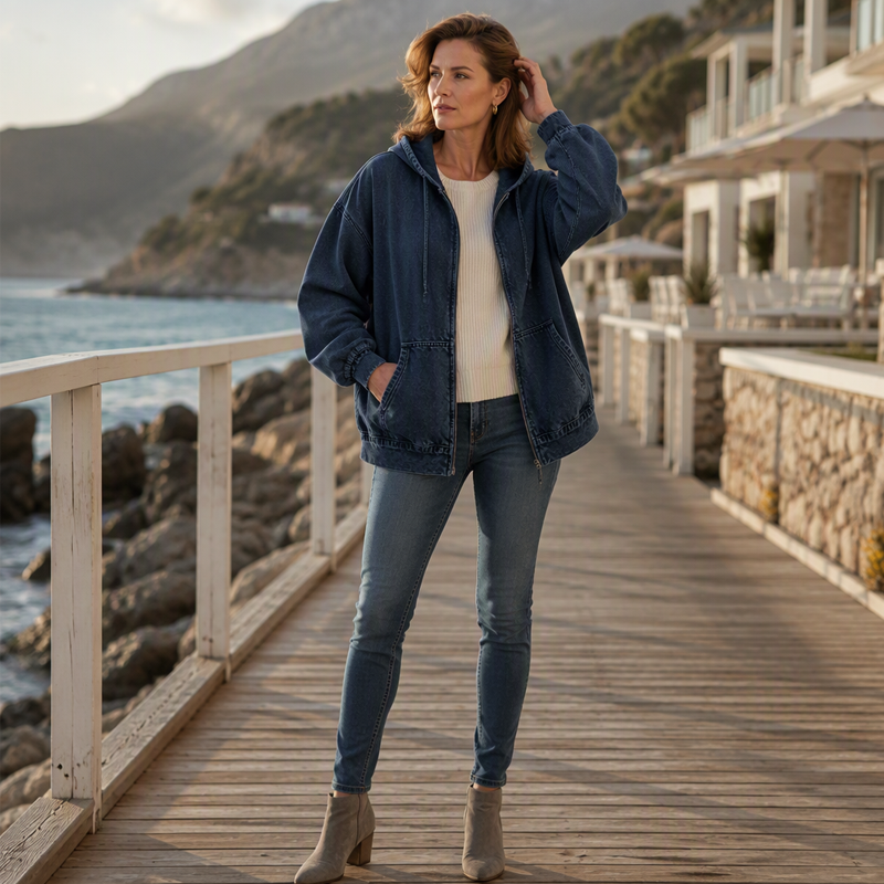✨ Denim Comfort, Easy Coverage | Women's Loose Zip-Up Hooded Denim Jacket