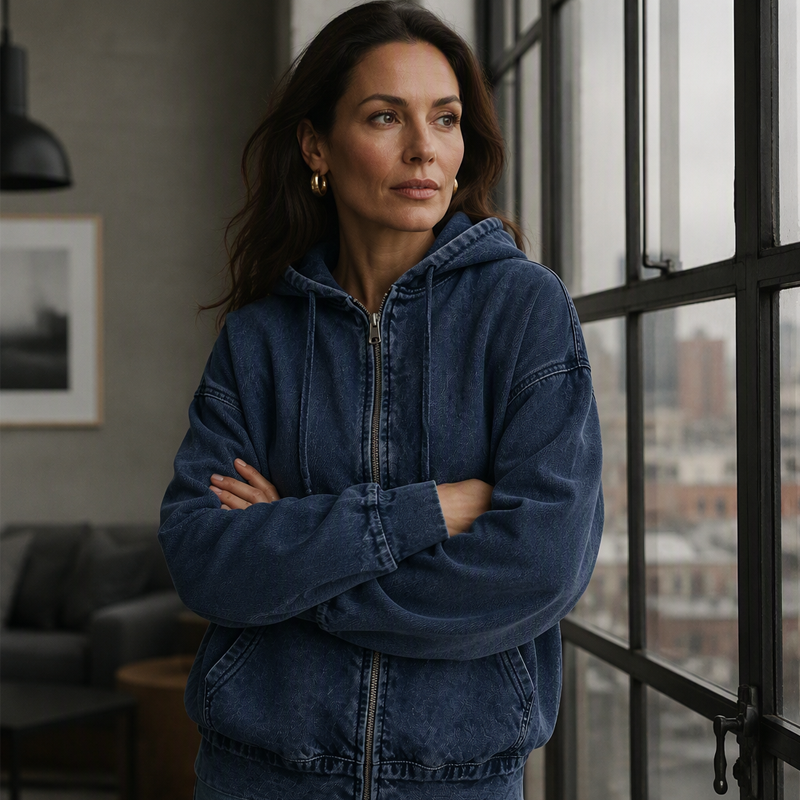 ✨ Denim Comfort, Easy Coverage | Women's Loose Zip-Up Hooded Denim Jacket
