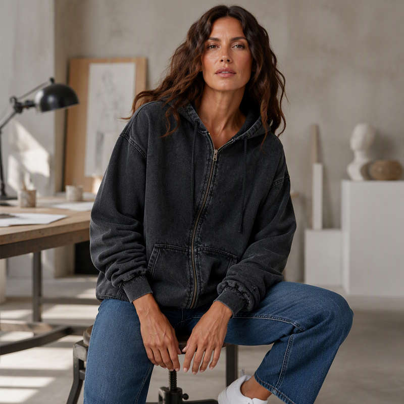 ✨ Denim Comfort, Easy Coverage | Women's Loose Zip-Up Hooded Denim Jacket