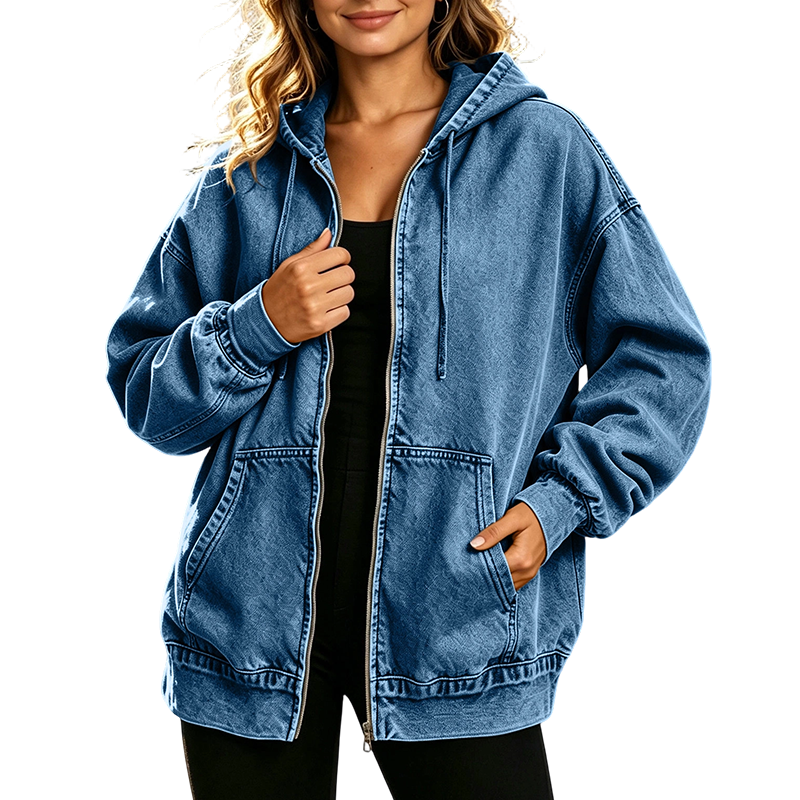 ✨ Denim Comfort, Easy Coverage | Women's Loose Zip-Up Hooded Denim Jacket
