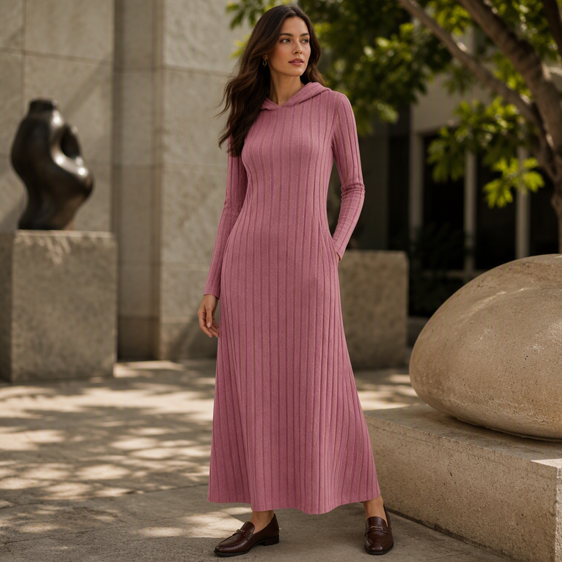 🧶 Textured Comfort | Women's Ribbed-Knit Hooded Maxi Dress with Pockets
