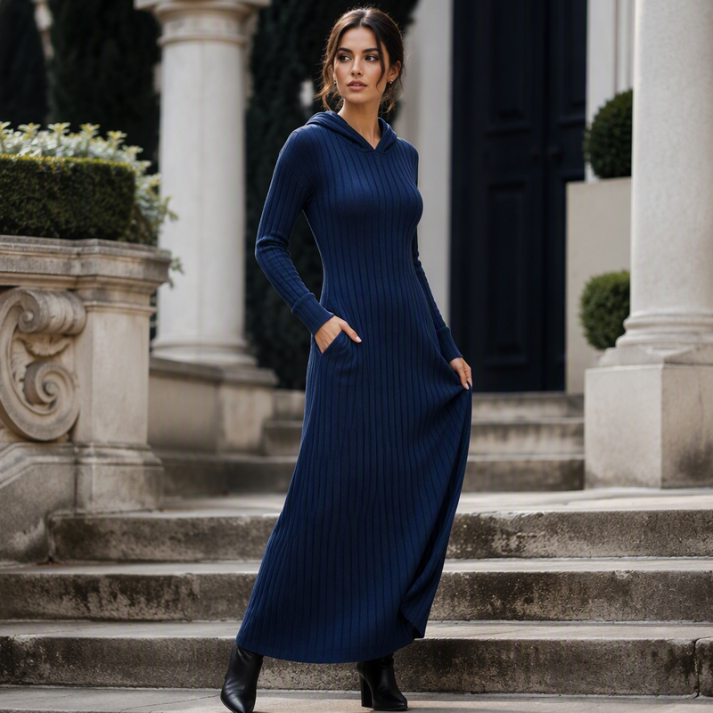 🧶 Textured Comfort | Women's Ribbed-Knit Hooded Maxi Dress with Pockets