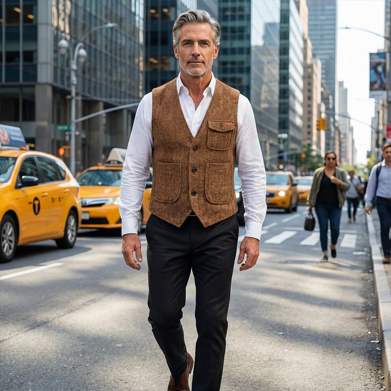 🎩 Classic Texture, Polished Look | Men's Herringbone Tweed Multi-Pocket Vest