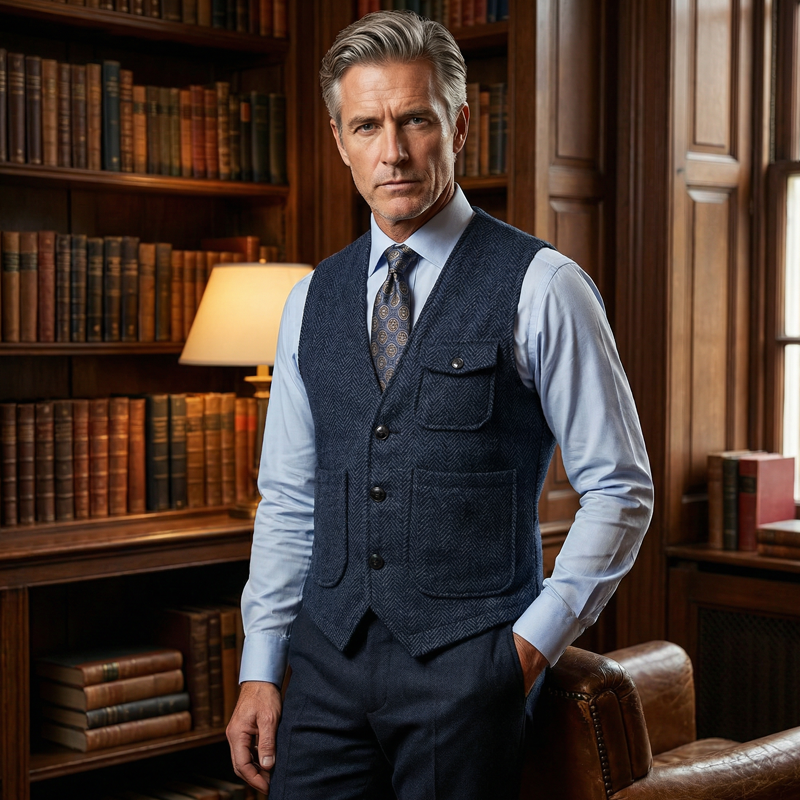 🎩 Classic Texture, Polished Look | Men's Herringbone Tweed Multi-Pocket Vest