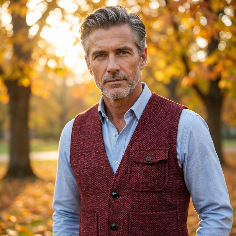 🎩 Classic Texture, Polished Look | Men's Herringbone Tweed Multi-Pocket Vest