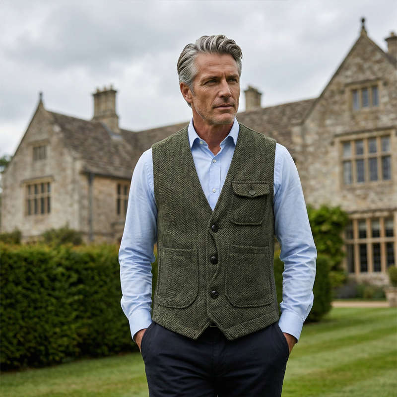 🎩 Classic Texture, Polished Look | Men's Herringbone Tweed Multi-Pocket Vest