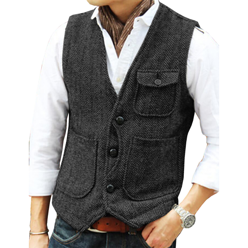🎩 Classic Texture, Polished Look | Men's Herringbone Tweed Multi-Pocket Vest